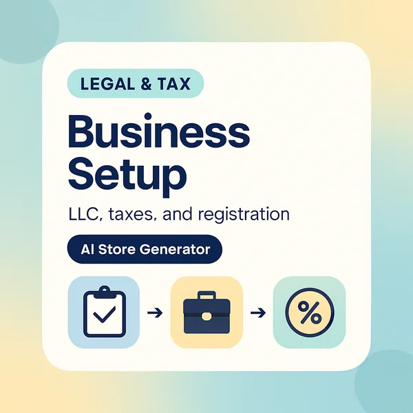 Dropshipping business setup illustration: a clipboard with a checkmark, a briefcase, and a percent symbol on a coin, showing the legal and tax setup steps for a Shopify dropshipping business with AI Store Generator