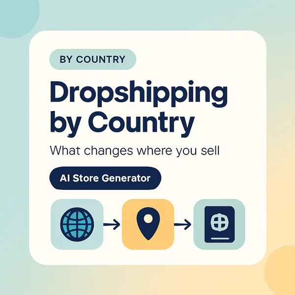 Dropshipping by country illustration: a globe, a map pin, and a stamped document, showing the country-level decisions involved in setting up a Shopify dropshipping business with AI Store Generator