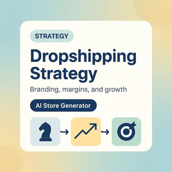 Dropshipping strategy illustration: a chess knight, an upward growth chart, and a target with an arrow, showing the strategic side of growing a Shopify dropshipping store with AI Store Generator