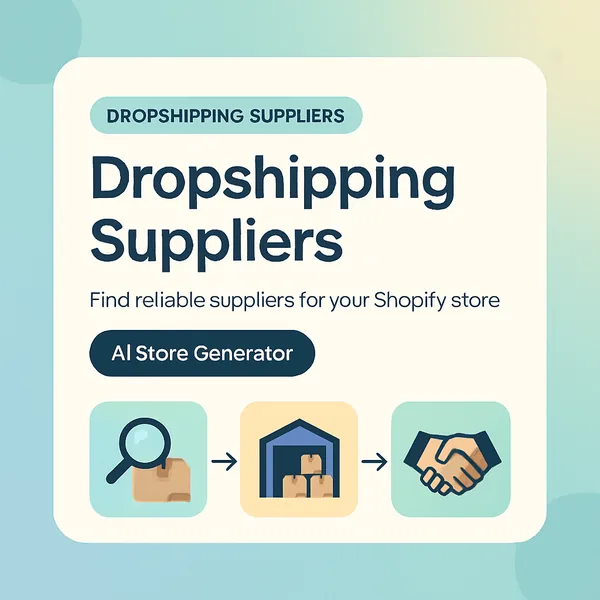 Dropshipping suppliers illustration: search, warehouse, and handshake icons showing the supplier discovery flow for an AI Store Generator Shopify store