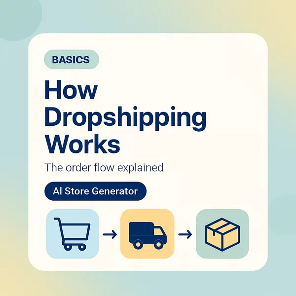How does dropshipping work illustration: a shopping cart, a delivery truck, and a package being delivered, showing the order flow from customer to supplier in a Shopify dropshipping store with AI Store Generator