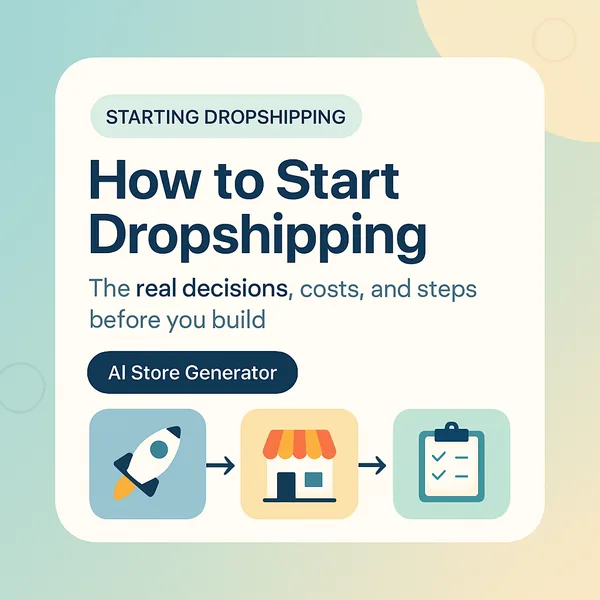 Illustration showing the early decisions and step-by-step launch flow for starting a dropshipping business with AI Store Generator
