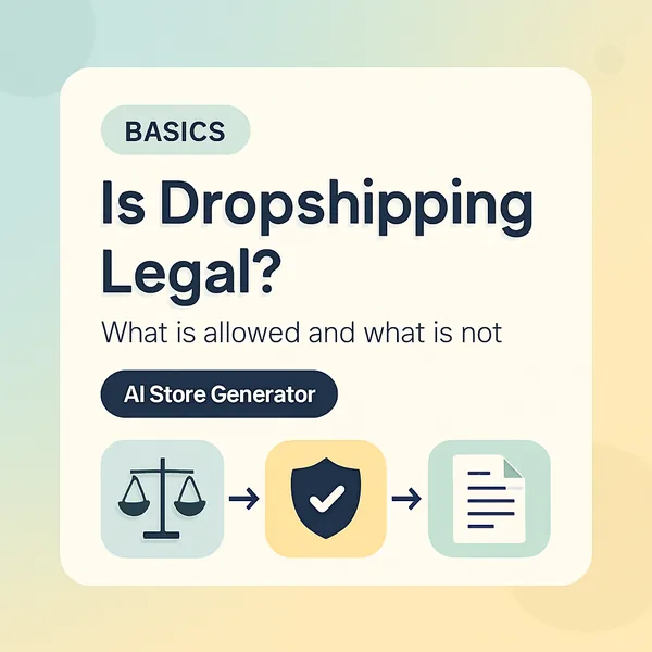 Is dropshipping legal illustration: a balance scale, a shield with a checkmark, and a legal document, showing the legal side of running a Shopify dropshipping store with AI Store Generator