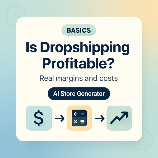 Is dropshipping profitable illustration: a dollar sign, a calculator, and an upward chart line, showing the profit math behind a Shopify dropshipping store with AI Store Generator