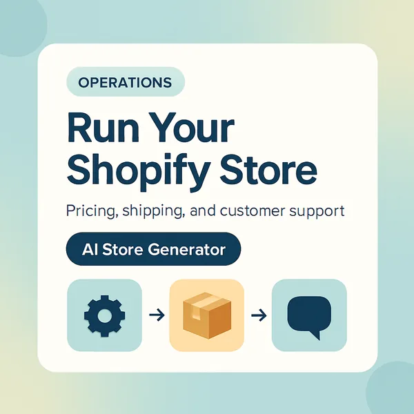 Shopify dropshipping operations illustration: a gear icon, shipping box, and phone with chat bubble showing the day-to-day flow of running a Shopify dropshipping store with AI Store Generator