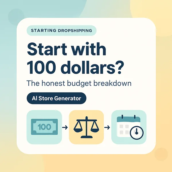 Honest breakdown showing how a $100 dropshipping budget gets allocated across Shopify, domain, supplier app, ads, and samples
