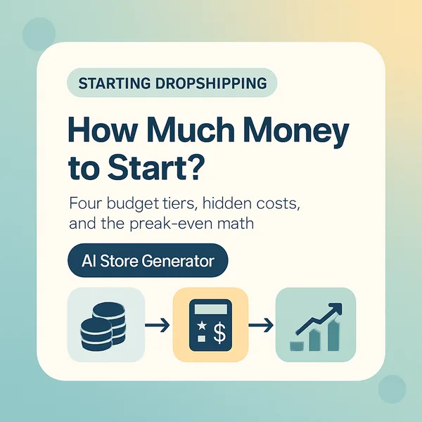 Illustration showing four budget tiers for starting a dropshipping business with AI Store Generator: coin stack, calculator, and growth chart