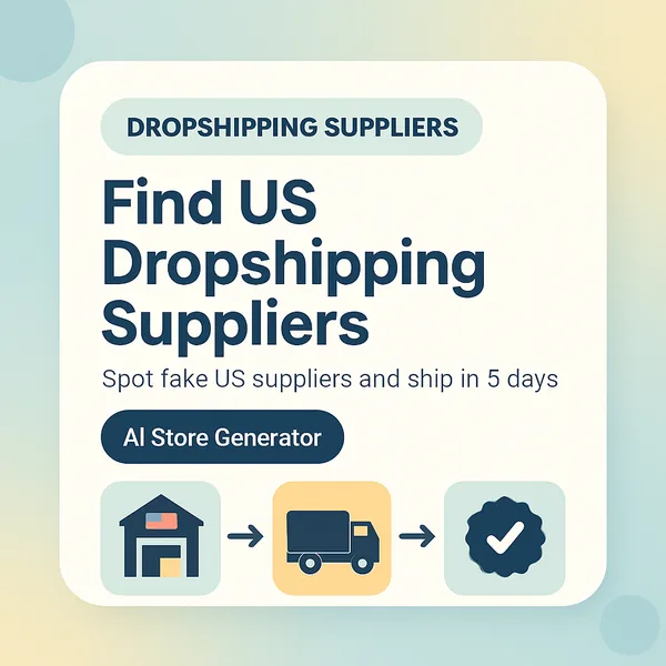 USA dropshipping suppliers illustration showing American warehouse, US shipping truck, and verified checkmark icons for an AI Store Generator Shopify store