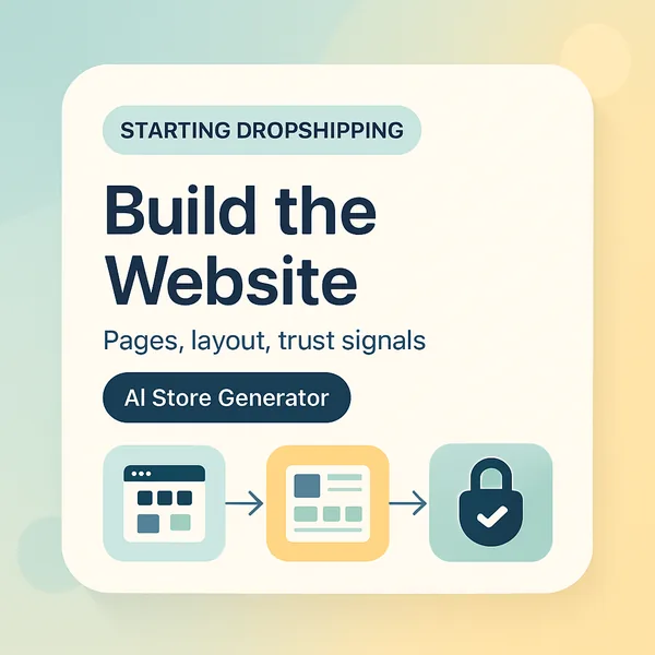 Diagram of a dropshipping website layout showing home, product, and checkout pages with trust signals and navigation