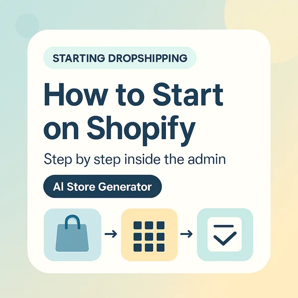 Illustration showing the step-by-step Shopify dropshipping admin walkthrough with AI Store Generator: shopping bag, app grid, and launch checklist icons