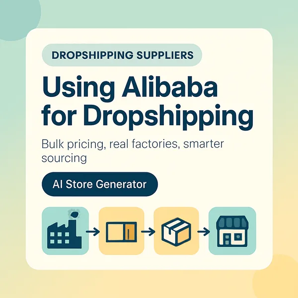 Alibaba dropshipping illustration with factory, container shipping, and Shopify storefront icons showing the sourcing flow for an AI Store Generator store