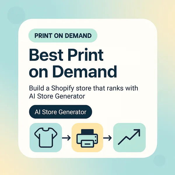 Best print on demand for Shopify illustration with t-shirt, printer, and growth icons