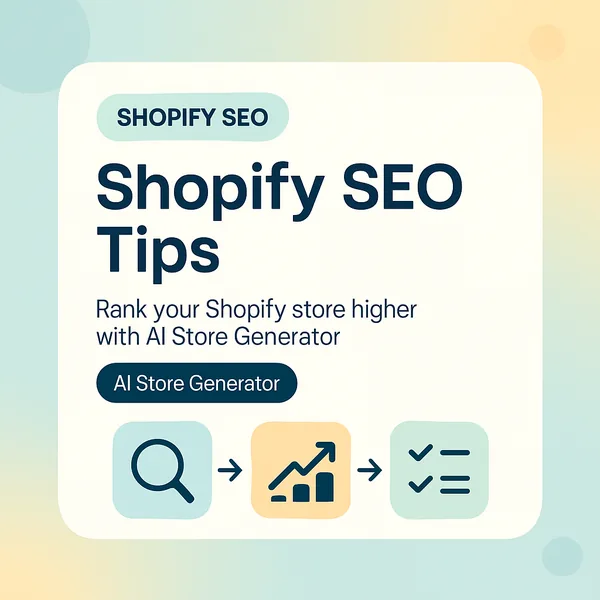 Shopify SEO tips illustration with search, ranking, and checklist icons