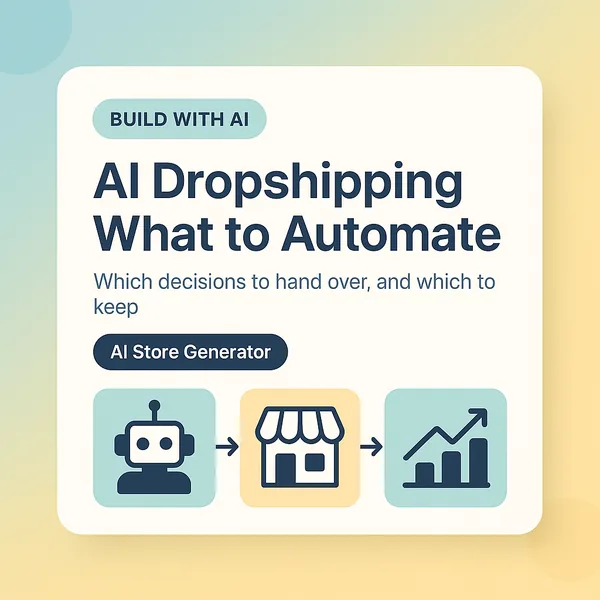 AI dropshipping card with robot, storefront and chart icons showing which store decisions to automate