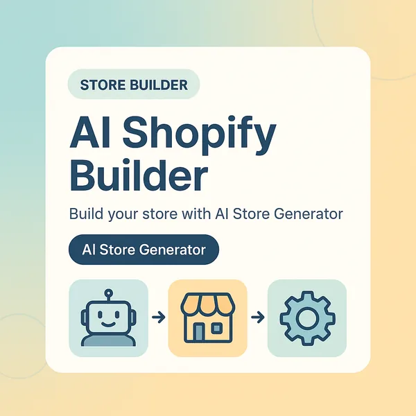 AI Shopify store builder card with robot, storefront and gear icons