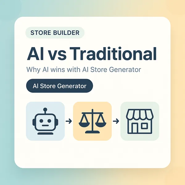 AI versus traditional builders card with robot, scale and storefront icons