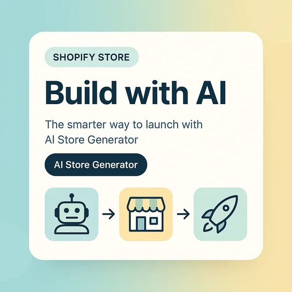 Build your Shopify store with AI card with robot, storefront and rocket icons