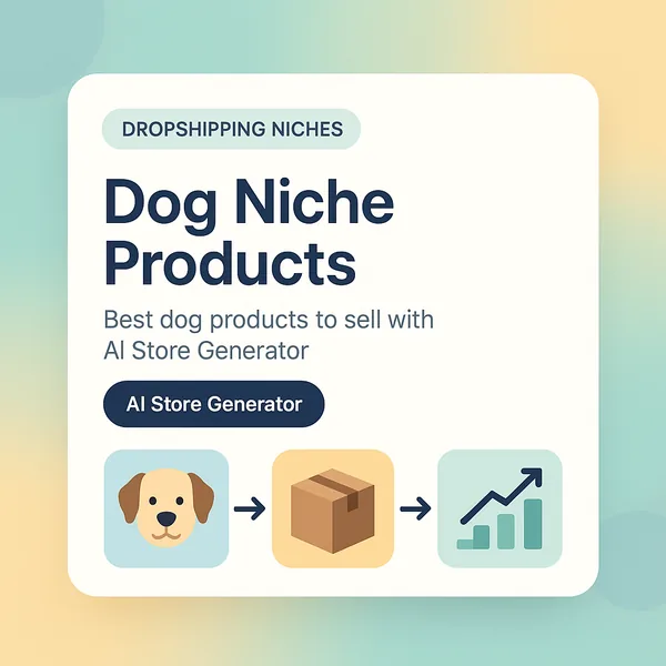 Dog niche dropshipping card with dog, package and sales chart icons