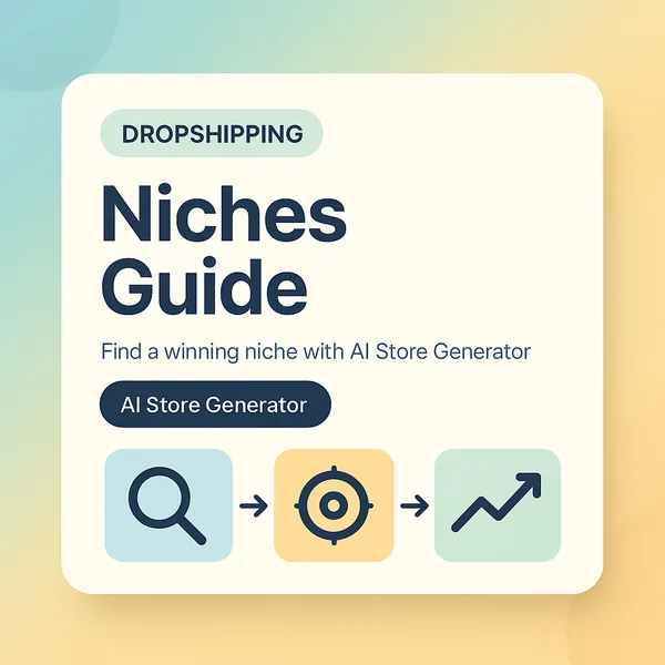 Dropshipping niches guide card with search, target and trending chart icons