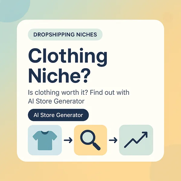 Clothing dropshipping niche card with t-shirt, search and trending chart icons