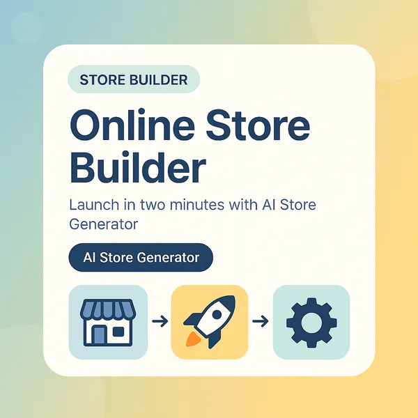 Online store builder card with storefront, rocket and gear icons