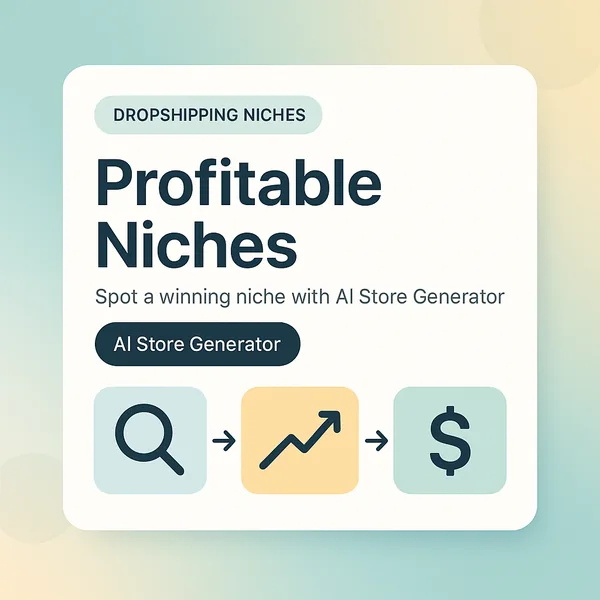 Profitable dropshipping niches card with search, trending chart and dollar icons