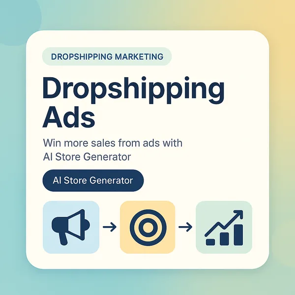 Shopify dropshipping ads card with megaphone, target and sales chart icons
