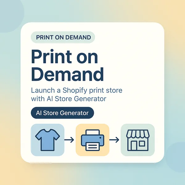 Shopify print on demand card with t-shirt, printer and storefront icons