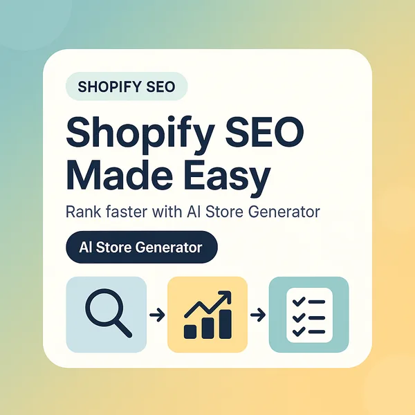 Shopify SEO made easy card with search, ranking chart and checklist icons