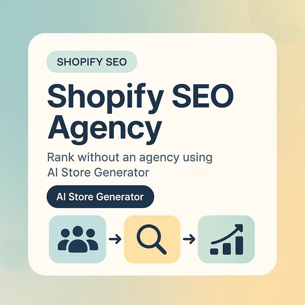 Shopify SEO agency card with people, search and ranking chart icons