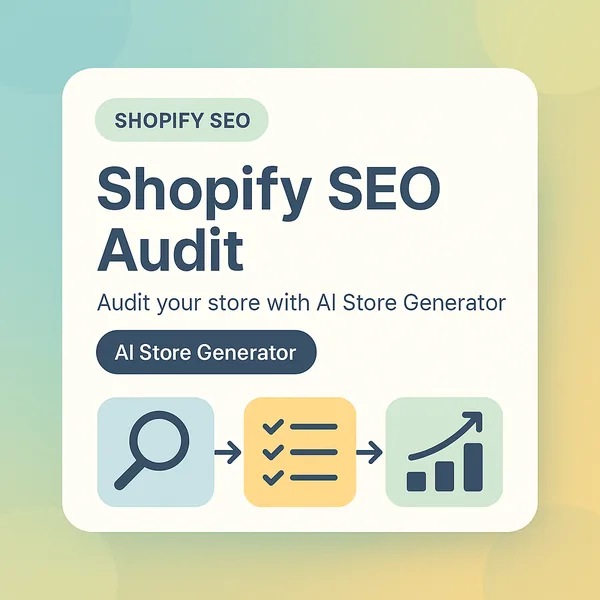 Shopify SEO audit card with search, checklist and ranking chart icons