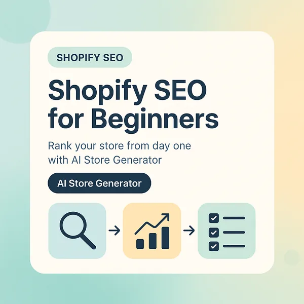 Shopify SEO for beginners card with search, ranking chart and checklist icons