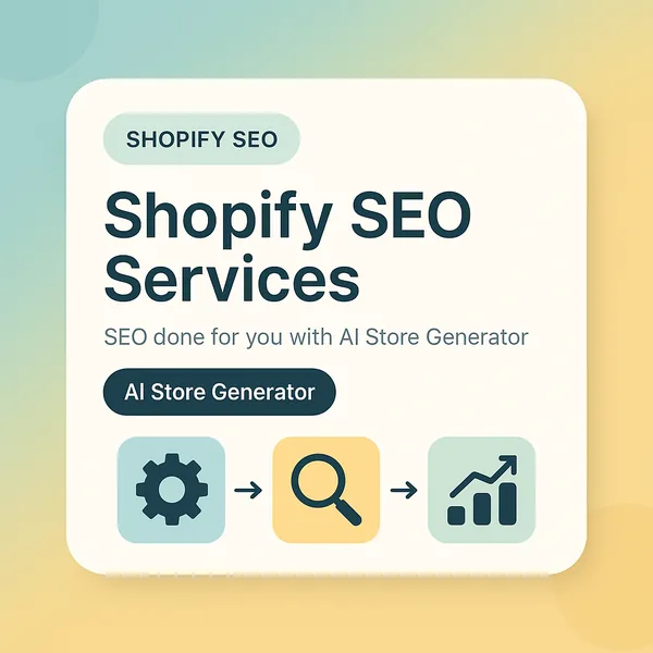 Shopify SEO services card with gear, search and ranking chart icons