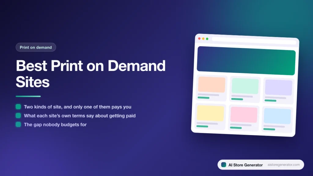 Title card for “Best Print on Demand Sites”, listing Two kinds of site, and only one of them pays you, What each site’s own terms say about getting paid, The gap nobody budgets for, beside a sketch of a store.