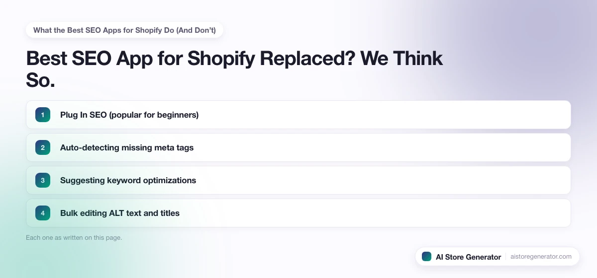 The 4 points this page lists under “What the Best SEO Apps for Shopify Do (And Don’t)”, numbered in order.