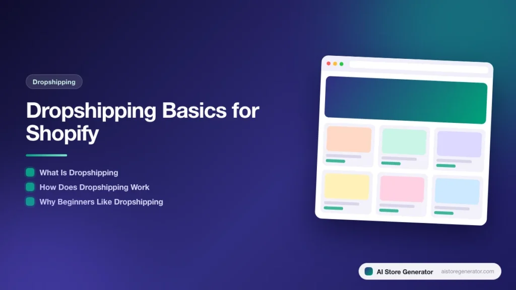 Title card for “Dropshipping Basics for Shopify”, listing What Is Dropshipping, How Does Dropshipping Work, Why Beginners Like Dropshipping, beside a sketch of a store.
