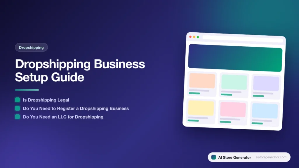 Title card for “Dropshipping Business Setup Guide”, listing Is Dropshipping Legal, Do You Need to Register a Dropshipping Business, Do You Need an LLC for Dropshipping, beside a sketch of a store.