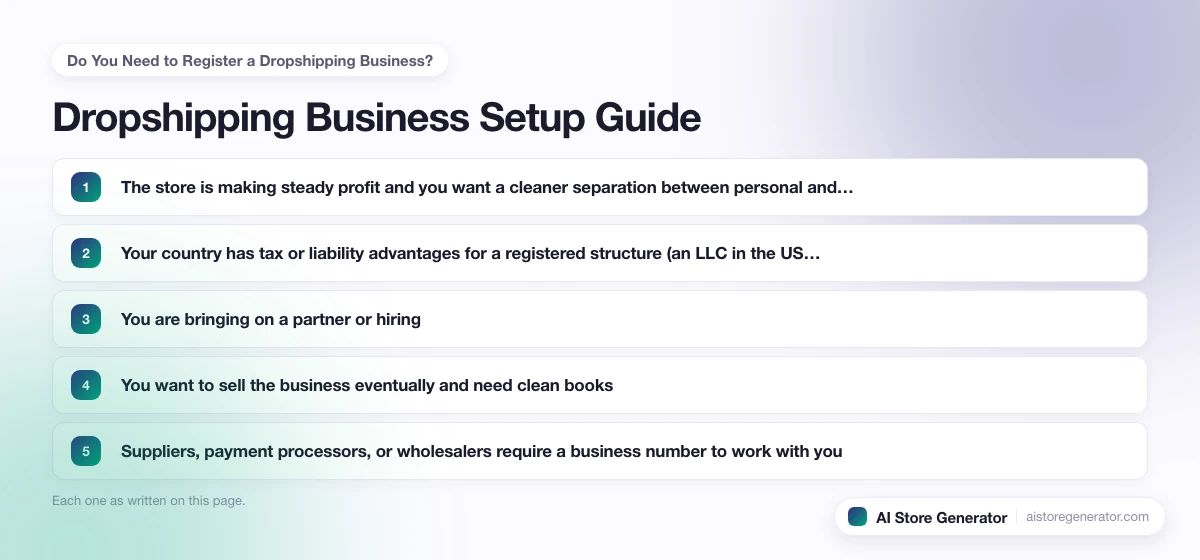 The 5 points this page lists under “Do You Need to Register a Dropshipping Business?”, numbered in order.