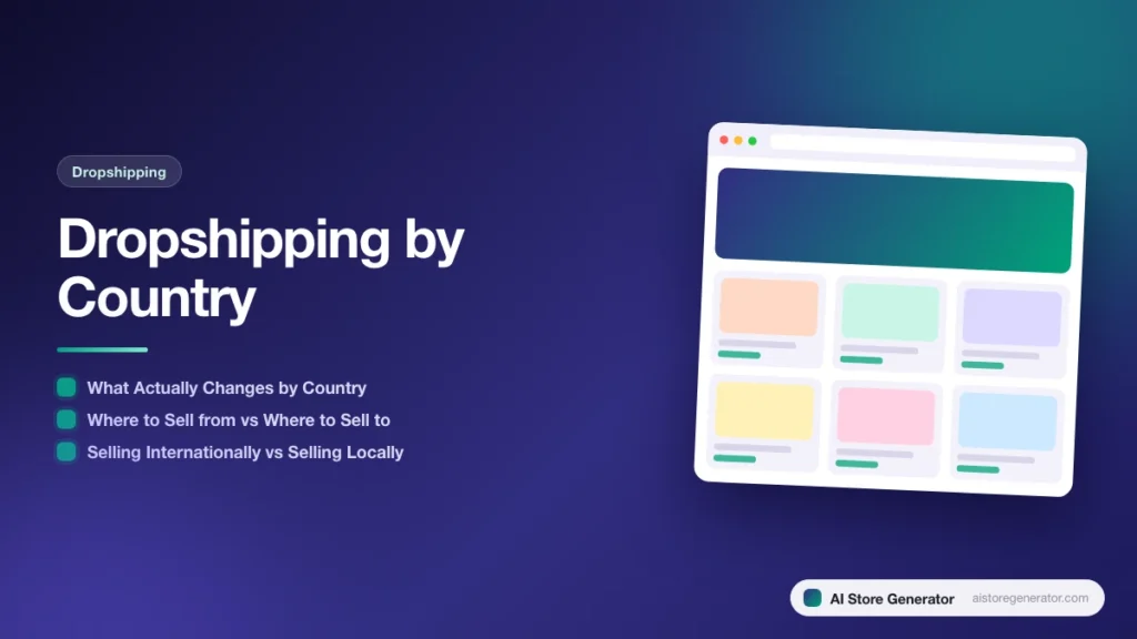 Title card for “Dropshipping by Country”, listing What Actually Changes by Country, Where to Sell from vs Where to Sell to, Selling Internationally vs Selling Locally, beside a sketch of a store.
