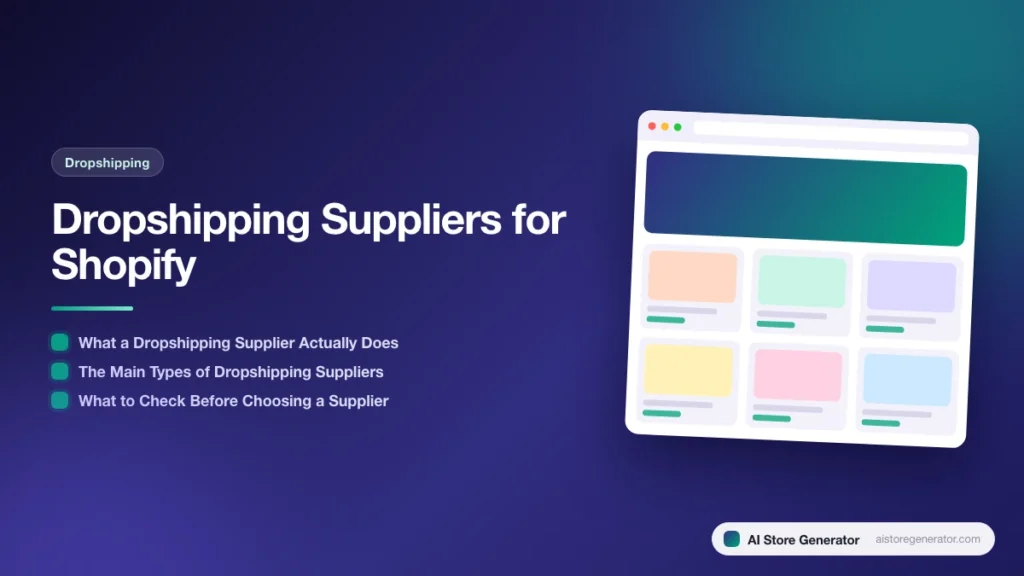 Title card for “Dropshipping Suppliers for Shopify”, listing What a Dropshipping Supplier Actually Does, The Main Types of Dropshipping Suppliers, What to Check Before Choosing a Supplier, beside a sketch of a store.