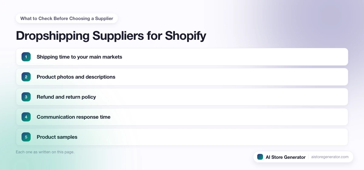 The 5 points this page lists under “What to Check Before Choosing a Supplier”, numbered in order.