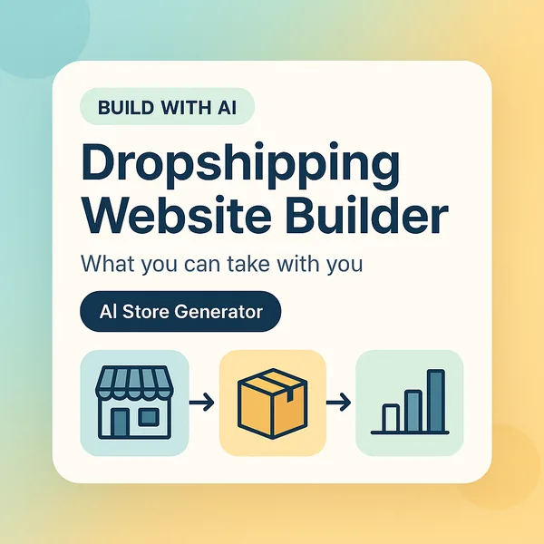 Dropshipping website builder comparison card with storefront, package and chart icons