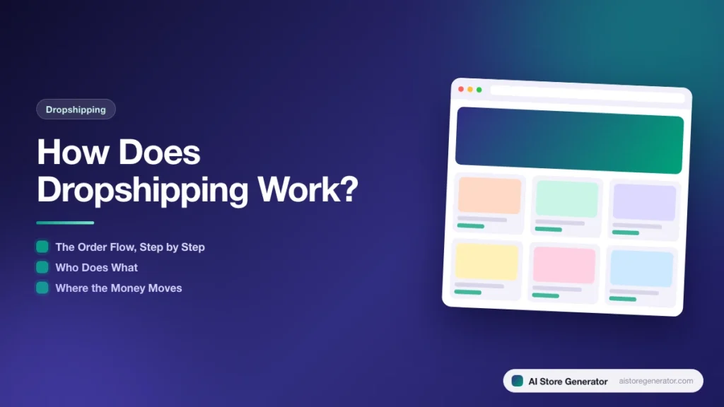 Title card for “How Does Dropshipping Work?”, listing The Order Flow, Step by Step, Who Does What, Where the Money Moves, beside a sketch of a store.