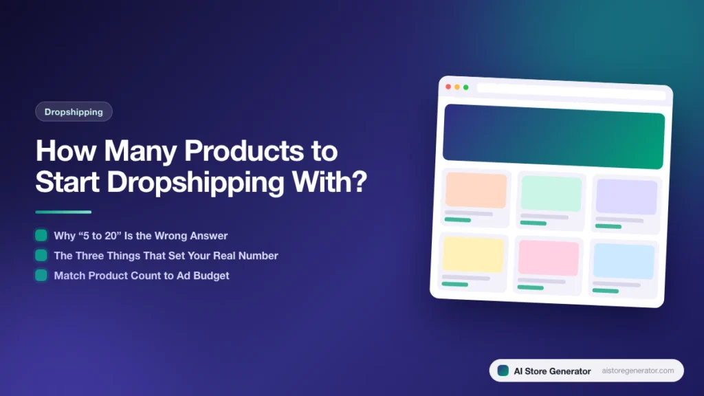 Title card for “How Many Products to Start Dropshipping With?”, listing Why “5 to 20” Is the Wrong Answer, The Three Things That Set Your Real Number, Match Product Count to Ad Budget, beside a sketch of a store.