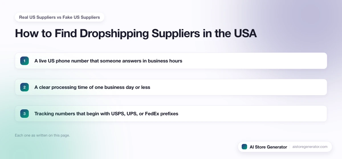 The 3 points this page lists under “Real US Suppliers vs Fake US Suppliers”, numbered in order.