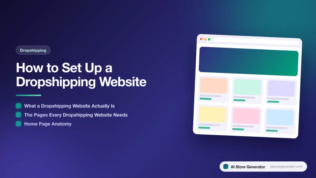 Title card for “How to Set Up a Dropshipping Website”, listing What a Dropshipping Website Actually Is, The Pages Every Dropshipping Website Needs, Home Page Anatomy, beside a sketch of a store.