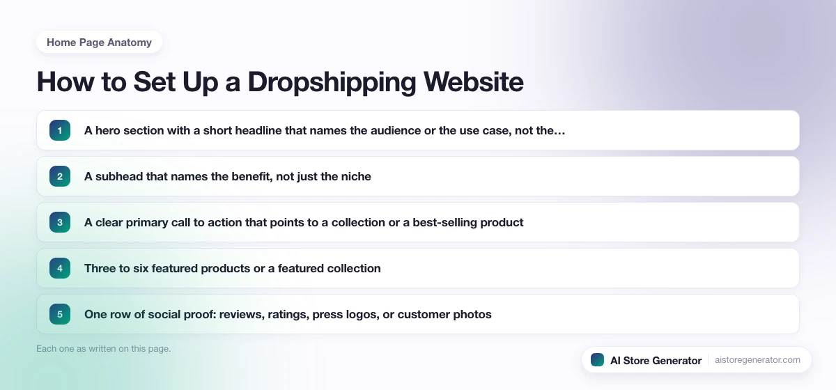 The 5 points this page lists under “Home Page Anatomy”, numbered in order.