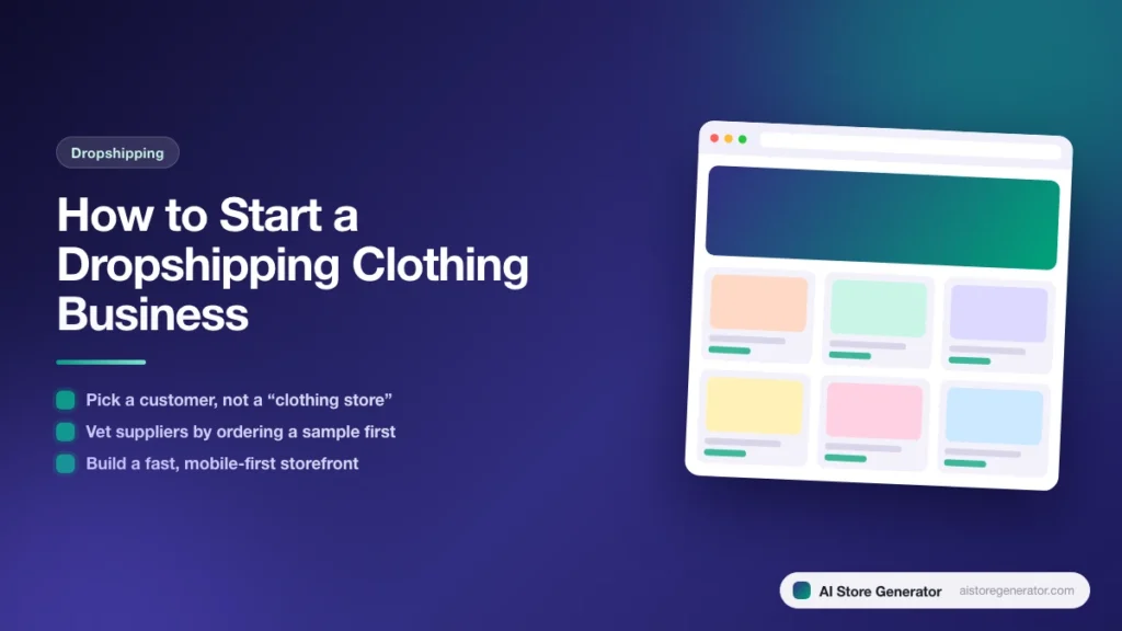 Title card for “How to Start a Dropshipping Clothing Business”, listing Pick a customer, not a “clothing store”, Vet suppliers by ordering a sample first, Build a fast, mobile-first storefront, beside a sketch of a store.