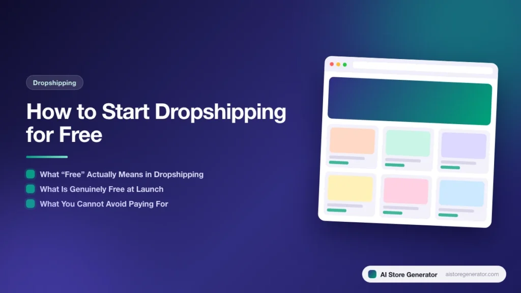 Title card for “How to Start Dropshipping for Free”, listing What “Free” Actually Means in Dropshipping, What Is Genuinely Free at Launch, What You Cannot Avoid Paying For, beside a sketch of a store.