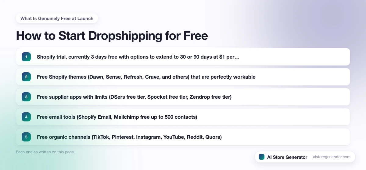 The 5 points this page lists under “What Is Genuinely Free at Launch”, numbered in order.